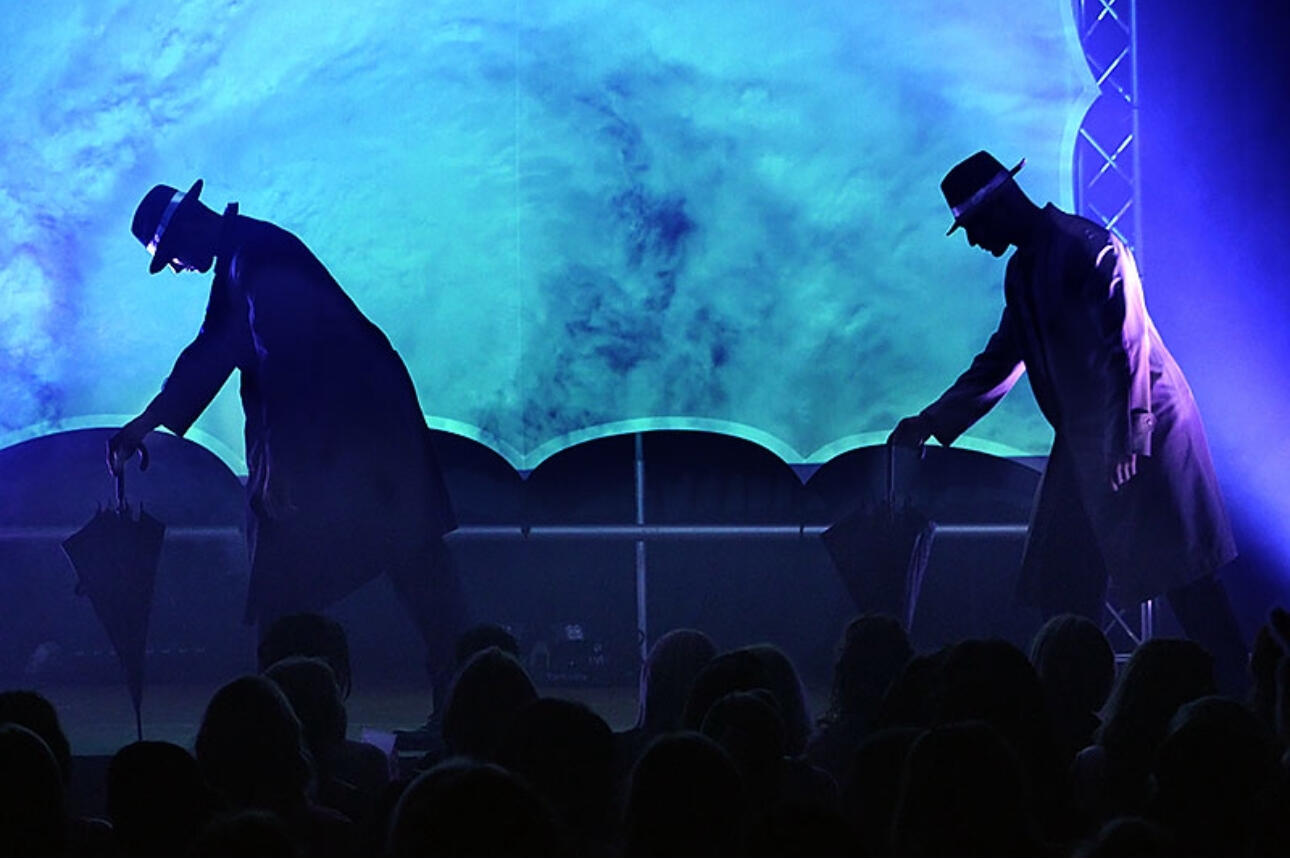 Canadian Storm Male Revue - group photo performing A professional picture of Canadian Storm and Thomas (Tom) Rooney on stage performing choreography in front of an audience